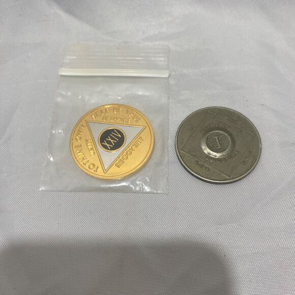 Set Of Two NA Sobriety Coins One 24 Year Is New And One 1 Year Is Older - Picture 3 of 7